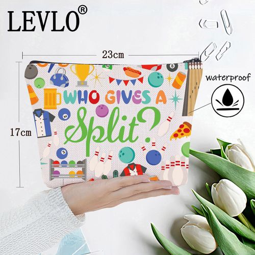 LEVLO Bowling Ball Cosmetic Make Up Bag Bowling Ball Lover Gift Who Gives A Split Makeup Zipper Pouch Bag Bowling Coach Player Gift, A Split Bag