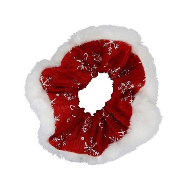 Christmas Red Velvet Feel Snowflake Scrunchie With Fluffy White Trim.