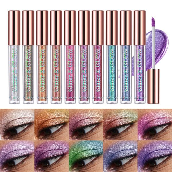 10 Color Metallic Glitter Liquid Eyeshadow Set, Waterproof Smoky Eyeshadow Set, Long-lasting Quick-drying Glitter Eyeshadow Eye Makeup Kits (B)