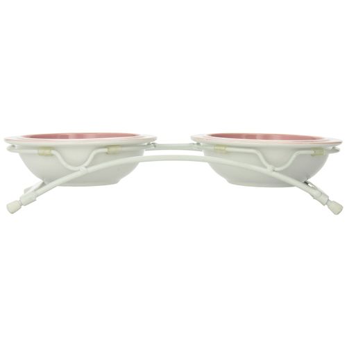 PetRageous 44355 Toftees Paws Diner with Two 1-Cup Dishwasher Safe Stoneware Bowl Capacity 10.75-Inch Length 2.25-Inch Tall for Extra Small and Small Dogs and Cats, White and Pink