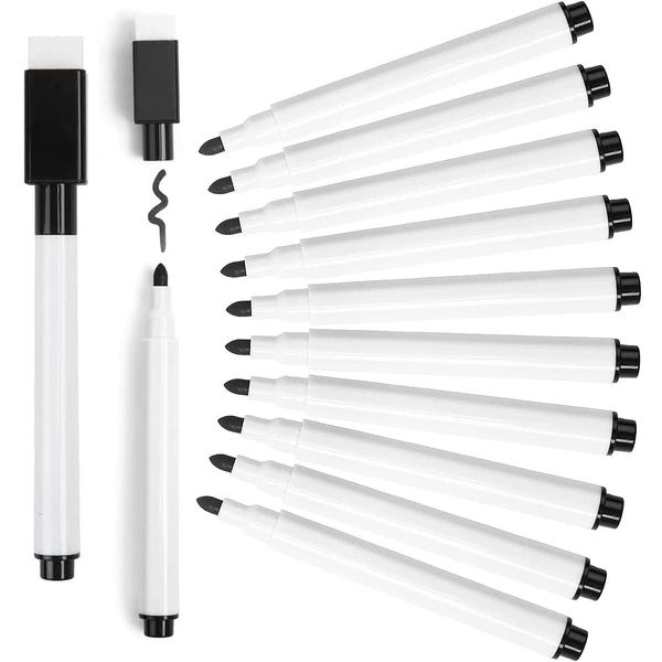 10 Stück Whiteboard Marker Magnetisch, Folienstift Abwischbar Trocken Abwischbar Stift mit Radierer, Stift Schwarz für Zuhause Schule Büro Whiteboards Memoboard Pinnwand Flipchart Marker (10)