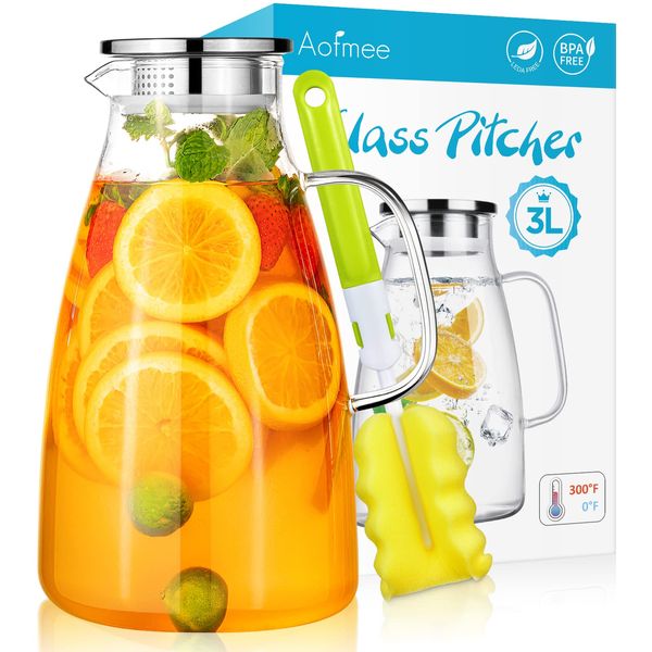 Water Pitcher, 100 Oz Glass Pitcher, Pitcher with Lid, Iced Tea Pitcher with 304 Stainless Steel Lid and Spout, Heat Resistant Jug for Sun Tea, Water Carafe for Cold or Hot Beverage Serveware Juice