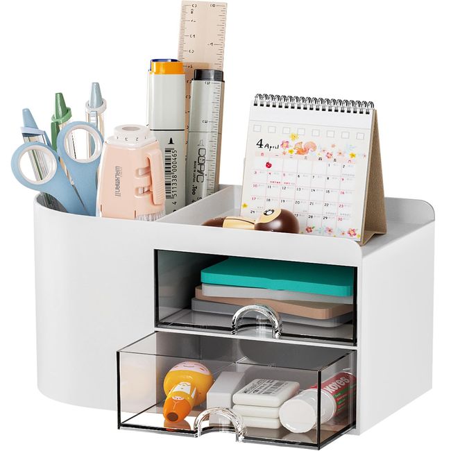 Marbrasse Small Desk Organizer with Drawer, Multi-Functional Pen Pencil Holder Storage Box for Desk, Desk Organizers and Accessories with 4 Compartments + 2 Drawer for Office Art Supplies(White)