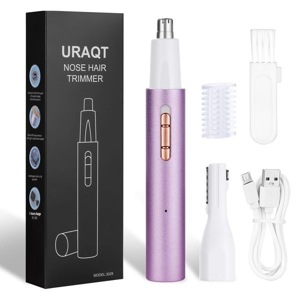 URAQT Ear and Nose Hair Trimmer for Men and Women, Professional Painless Nose Hair Clipper, 2 in 1 USB Rechargeable Eyebrow Ear Nose Trimmer, Waterproof Dual Edge Blades Easy Cleansing, Purple