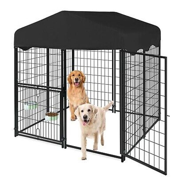 Outdoor Dog Playpen Large Cage Pet Metal Fence Kennel w/ Waterproof Cover&Bowl