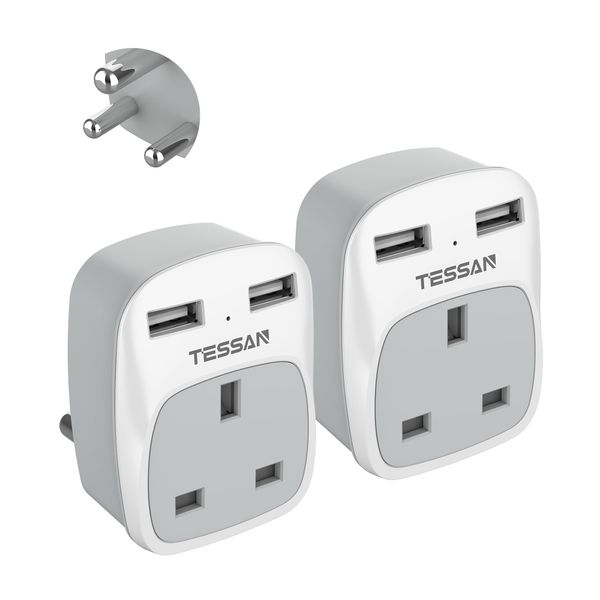 UK to South Africa Plug Adapter 2 Pack, TESSAN South Africa Power Adapter with 2 USB, Grounded Type M South Africa Travel Adapter, UK to SA Plug Adaptor for South Africa, Namibia, Swaziland, Lesotho