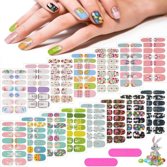 15 Sheets 210 Pieces Easter Nail Wraps Easter Nail Polish Stickers Adhesive Nail Decals Strips Rabbit Chicken Egg Nail Stickers with 2 Pieces Nail File for Kids Girls Easter Theme Nail Decoration