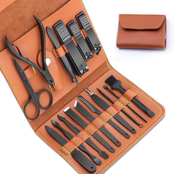 Manicure Pedicure Kit, Nail Clippers Set, Fingernail and Toenail Clipper Cutters, 16 Pieces Stainless Steel Professional Nail Care Tools with Travel Leather Case for Men Women Gift