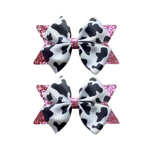2PCS Cow Print Hair Bow Clips for Girls,Cute Moo Cow Hair Barrettes Hand-made Grosgrain Ribbon Hair Bows Pink Cow Bow Alligator Clips Hair Accessories for Toddlers Baby Little Girls Kids Teens