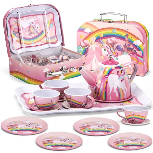 SPEEDYEAH Enchant Your Little Princess with This Unicorn Tea Party Set – a Magical Pretend Purple Tin Teapot Set for Hours of Princess Tea Time Play