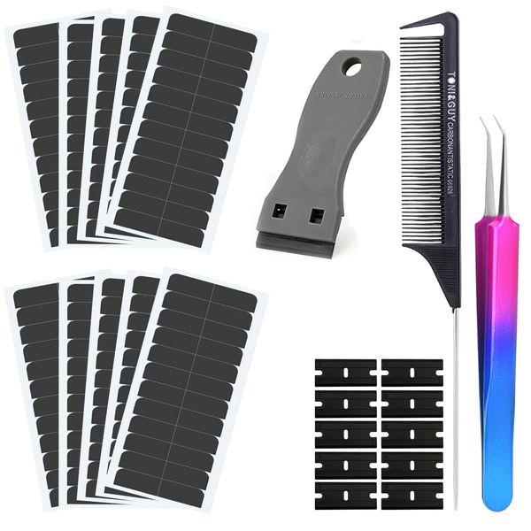 Bettinay 120 PCS Tape Hair Extensions Glue Strips, Precut Double Sided Adhesive Tapes with Scraper 10 Refills Comb Tweezers