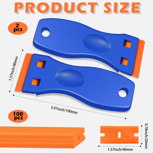2PCS Plastic Scraper with 100 Plastic Blades, Multipurpose Plastic Scraper Non-Scratch Scraper Tool Kits for Cleaning Labels and Decals