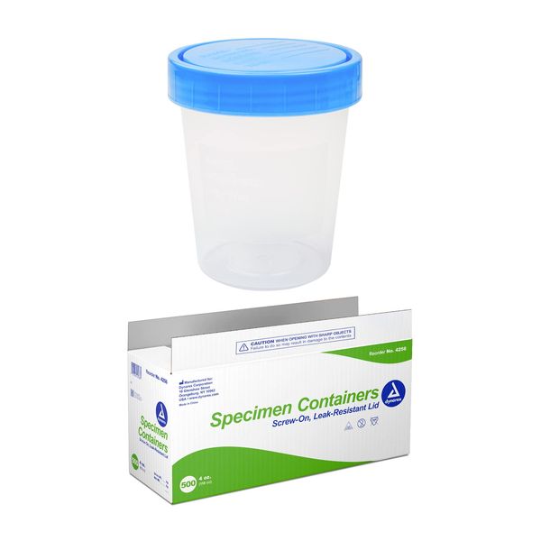 Dynarex Specimen Containers, Non-Sterile, Bulk Packaged 4oz Specimen Cups with Leak Resistant Screw-On Lid, 1 Box of 500