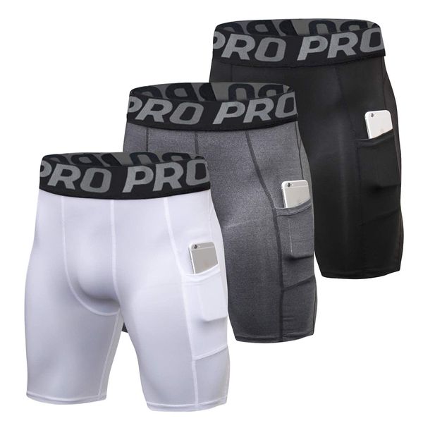 YUSHOW 3er Pack Kompressionsshorts Herren Kompressionshose Sporthose Kurz Schnell Trocknend Atmungsaktive Kurze Radlerhose Sommer Männer Laufhose Funktionsunterwäsche mit Taschen
