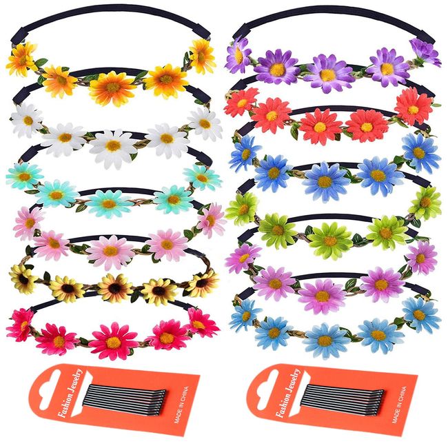 VEGCOO Fashion 12 Pieces Flower Garland Headband Bohemia Floral Crown for Women Girl Hair Accessories for Wedding Festival Party Multi Color (Daisy headband)