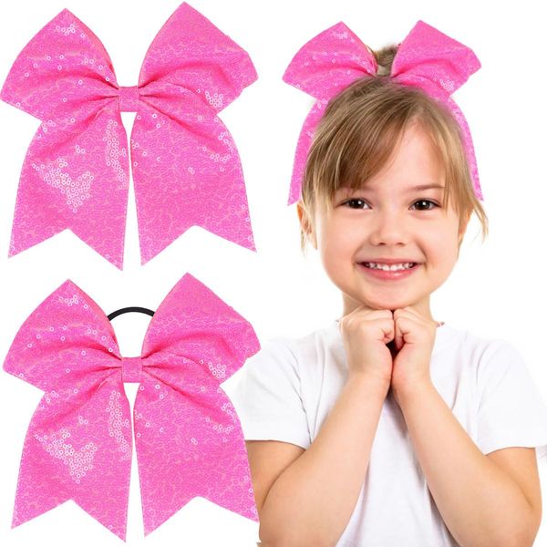 2 PCS 8" Large Cheer Bows Sequin Cheer Hair Bows Ponytail Holders Cheerleading Bows for Jumbo Cheerleading Teen Girls Sports (Bright Rose)