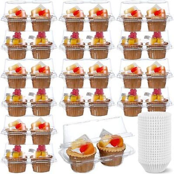 100 Pcs 2 Cavity Cupcake Boxes 300 Mini Baking Cups 6.9 x White