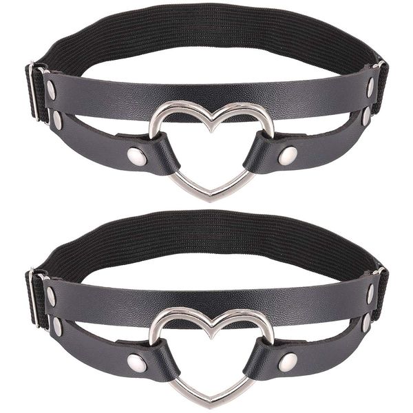 FM FM42 Black PU Simulated Leather Women's Gothic Double Straps Heart O Ring Leg Thigh Elastic Garter Belt, One Pair