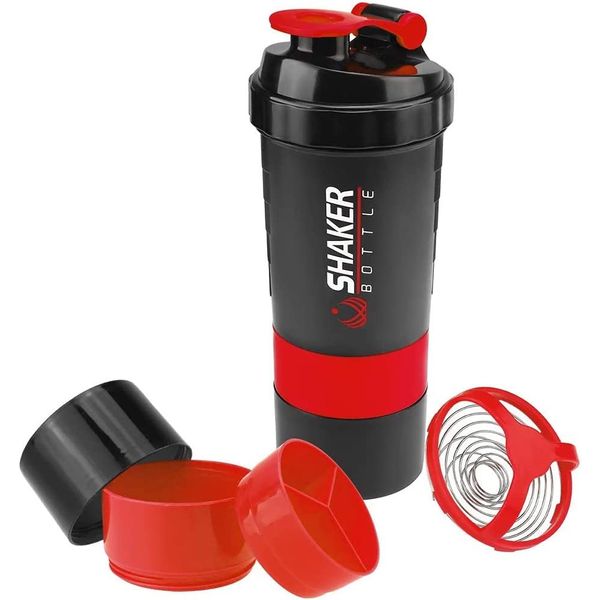 VIGIND Protein Shaker Bottle,Sports Water Bottle,Leak Proof Shake Bottle For Protein Mixer- Non Slip 3 Layer Twist Off 3oz Cups with Pill Tray - Protein Powder 16 oz Shake Cup with Storage (Red)