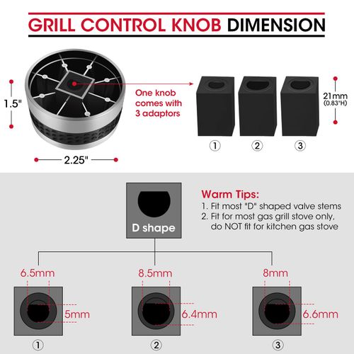 Unicook 5 Pack Grill Control Knobs Replacement, Chrome Plated Plastic with Nonslip Grip, Fits Gas BBQ with D Shaped Valve Stem, Including 5 Knobs and 15 Adaptors