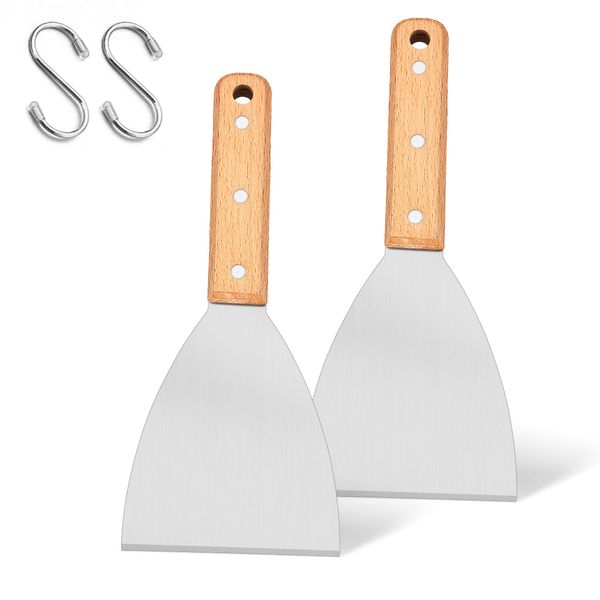 Joyfair 2 Pieces Griddle Scraper, Stainless Steel Slant Edge Grill Scrapers for Food Service/Cooking/Cleaning, Ideal for BBQ Indoor & Outdoor, Wooden Handle, Dishwasher Safe