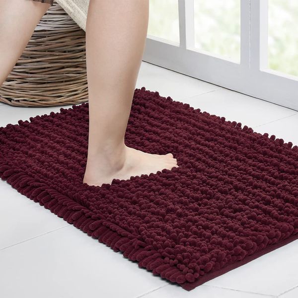 Walensee Bathroom Rug Non Slip Bath Mat (24x17 Inch Burgundy) Water Absorbent Super Soft Shaggy Chenille Machine Washable Dry Extra Thick Perfect Absorbant Best Small Plush Carpet for Shower Floor