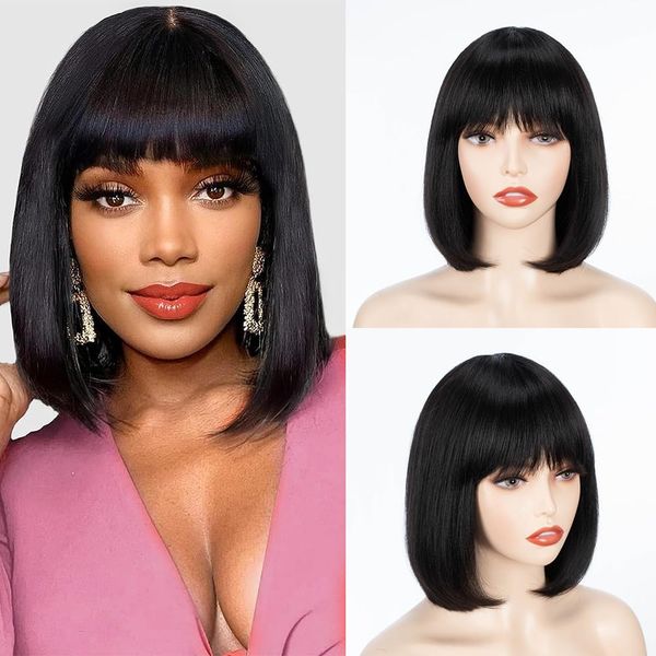 FASHION IDOL Bob Human Hair Wig with Fringe for Black Women Short Straight Hair 25 cm Natural Black Glue-Free Machine Made Short Bob Wigs