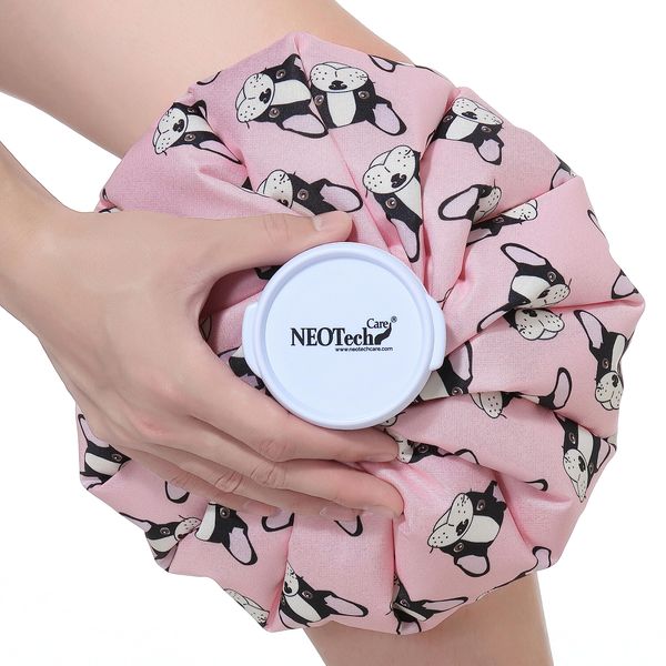 Neotech Care Ice Bag for Injuries, Swelling, Headache, Pain Relief, First Aid - Cold Pack Screw Top Lid - Reusable, Refillable & Waterproof Pouch/Bladder (28cm, Pink Bulldog Design)