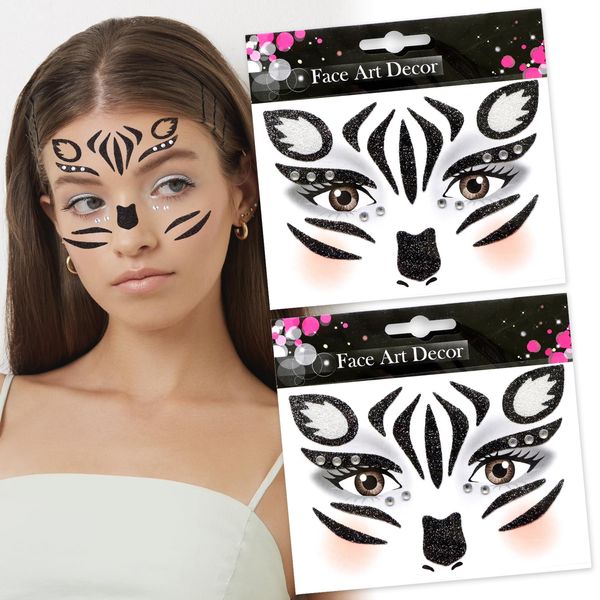 Black White Zebra Face Stickers Animal Face Gem Stickers White Crystal Diamond Face Art Stickers Black Glitter Face Decals Design Party Face Eye Decoration for Festival Party 2Sheets