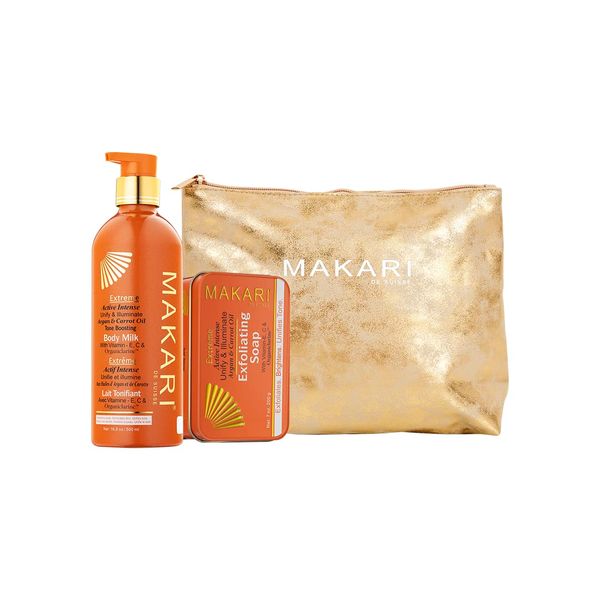 MAKARI Extreme Argan & Carrot Seed Oil Skin Toning 2 Piece Gift Set | Exfoliating Soap & Tone Boosting Body Lotion Ideal for All Skin Types, Botanical Self Skin Care Kit with Free Makeup Bag