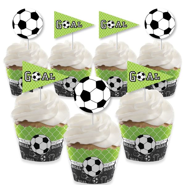 Big Dot of Happiness Goaaal - Soccer - Cupcake Decoration - Baby Shower or Birthday Party Cupcake Wrappers and Treat Picks Kit - Set of 24