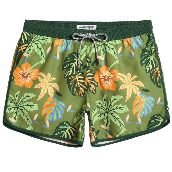 MaaMgic Herren Badeshorts Vintage Retro Badehosen Boardshorts Schnelltrocknend mit Mesh-Futter und Verstellbarem Tunnelzug MEHRWEG,New Grün Monstera 4.5,L