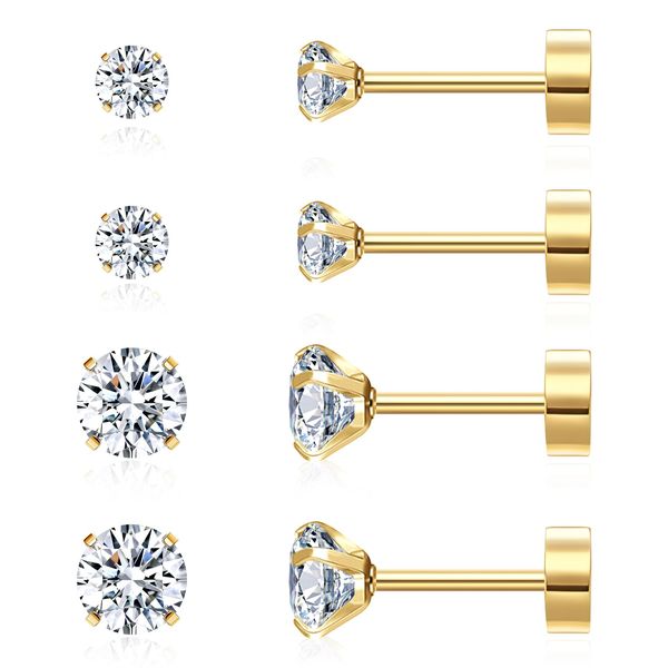 2 Pairs Flat Back Earrings for Women Multipack | 18K Gold Earrings | Helix Earrings | Cartilage Earring | Nickel Free Hypoallergenic Earrings | Cubic Zirconia Earrings Studs(3mm+5mm, Gold)