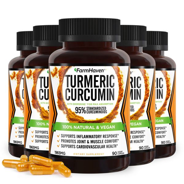 Turmeric Curcumin with BioPerine Black Pepper & 95% Curcuminoids, 1965mg, Maximum Absorption for Joint Support, Non-GMO Turmeric Capsules, Made in USA - 450 Veg Caps