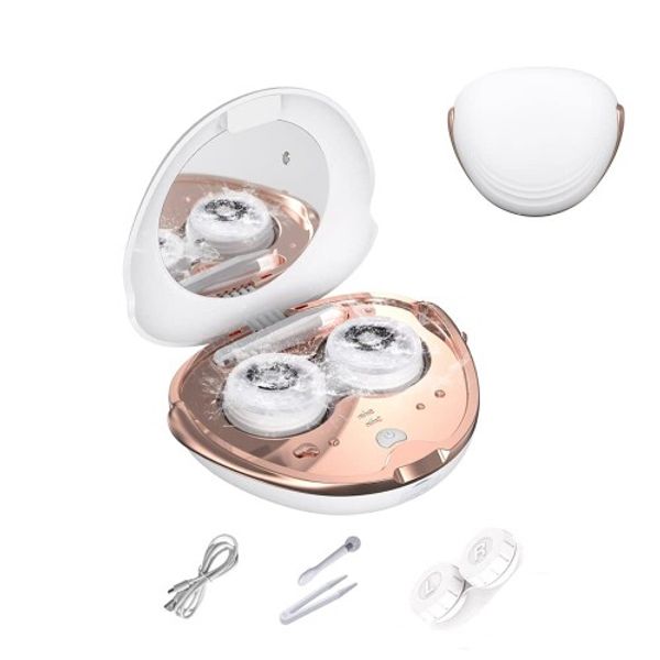 Contact lens cleaner, ultrasonic contact lens cleaner, small contact lens case, powerful cleaning protein removal, makeup mirror included, USB rechargeable, automatic contact lens cleaner, Japanese instruction manual (white)