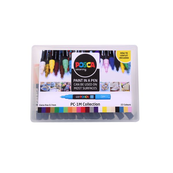 POSCA PC-1M Permanent Marker Paint Pens. Extra Fine Tip for Art & Crafts. Multi Surface Use On Wood Metal Paper Canvas Cardboard Glass Fabric Ceramic Rock Pebble Stone Porcelain. Set of 22 Colours