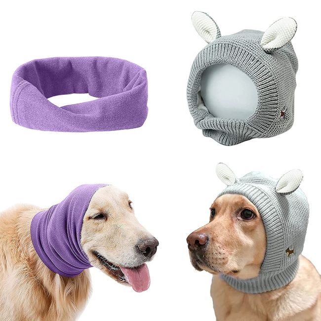 YolentQuiet Ears for Dogs Anxiety Barking Dog Ear Covers Muffs Snood for Noise 2PCS Dog Ear Hearing Earmuffs Fireworks Protection Anti Anxiety Dog Hat for Medium to Large Dogs (Gray+Purple)