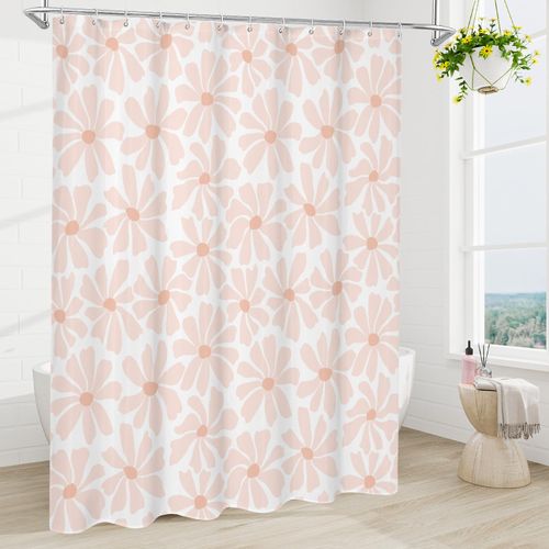 Litabel Blush Pink Daisy Floral Shower Curtain, Boho Spring Flower Shower Curtain for Girly Bathroom, Modern Minimalist White Waterproof Fabric Shower Curtain Set, 72x72 Inch