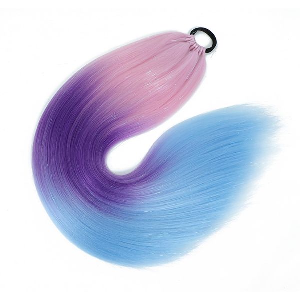 Newshair Colorful Ponytail Extension with Hair Tie, 26 inch Ombre Braid Ponytail Blend Hair Tinsel for Holiday Party Rainbow Festival(100g 1 Packs #Pink/Dark Purple/Blue)