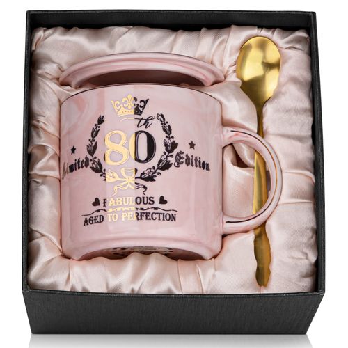 80th Birthday Gifts for Women, 14oz Pink Coffee Mug with Gold Pattern, Best Gifts for 80 Year Old Grandma, Mom, Sister, Friend, Fabulous 80 Limited Edition, 1943 Birthday Gifts for Women.