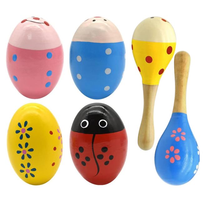 Wooden Easter Eggs Shakers Toys, Maracas Kids Hand Percussion Shakers Percussion Musical for Party Favors Kids Easter Basket Stuffers, 4 Pack Easter Eggs with 2 Shaker Sand Hammer Kit