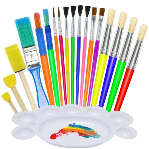Jiosdo Kids Paint Brushes, 19Pcs Childrens Painting Brushes Set with Paint Palettes, Colorful Paint Brushes for Children Toddlers Beginners, Art Paint Brushes for Watercolor, Oil, Acrylic, Face