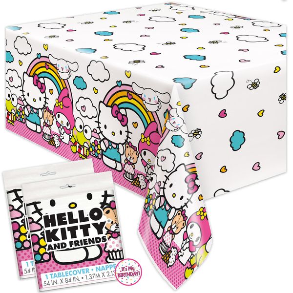 Unique Hello Kitty Birthday Decorations - Rectangular Plastic Hello Kitty Tablecloth (Pack of 2) & Sticker (1)