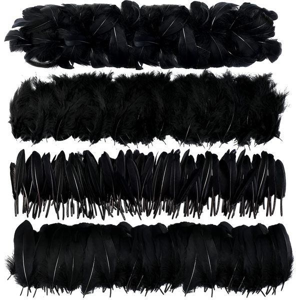 MWOOT 4 Styles Assorted Crafts Feathers, 400Pcs Black Feathers, Crafts Art Goose Feathers for DIY Dream Catchers, Halloween Costume, Handmade Earring, Wedding Party, Easter Home Activities Decoration