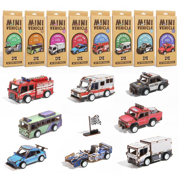 8 Pack 3D Wooden Puzzle STEM Model Car Kits, Science Kits for Kids Ages 5-12, 3D Puzzles for Kids Ages 4-12, Educational Wooden Craft Gifts for Boys & Girls