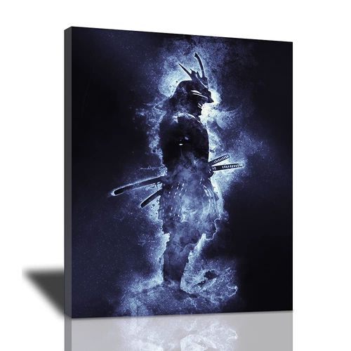 Armored Samurai Canvas Wall Art Samurai Black and Blue Background on Canvas Painting For Wall Cool Prints for Home Modern Japanese Artwork Poster Framed Wall Decor For Bedroom Living Room 12x16 Inch