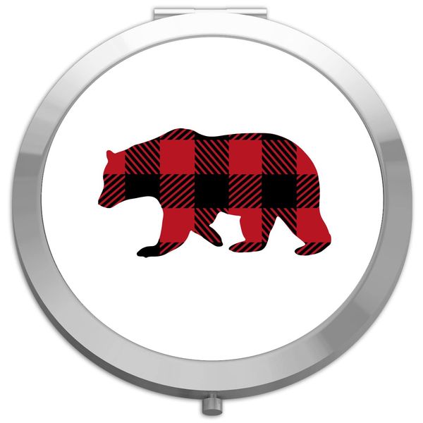 Buffalo plaid patterned Christmas bear [XMAS22] festive quotes folding compact pocket mirror - silver round circle shape