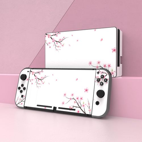 eXtremeRate Full Set Faceplate Skin Decals Stickers and 2 Pcs Screen Protector for Nintendo Switch/for NS Console & joy con Controller & Dock Protection Kit - Falling Cherry Blossom