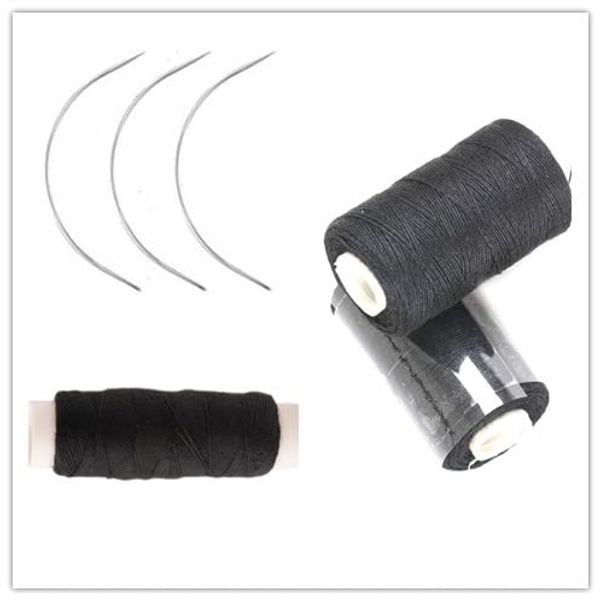 3 Rolls Cotton Sewing Thread Hair Weaving Thread Making Wig Hair Extension Hair Salon Weft Thread Black Brown Beige Thread with 3 Curved Needles (Black/3Pcs)