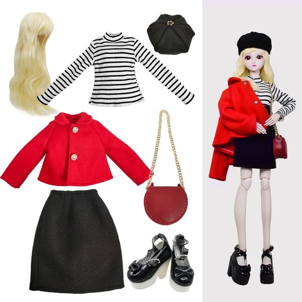 Proudoll 1/3 BJD Doll Clothes 60cm 24in SD Ball Jointed Dolls Accessories Set Beret Wig Red Jacket Black Pencil Skirt Long-Sleeve Shirt Crossbody Bag Shoes